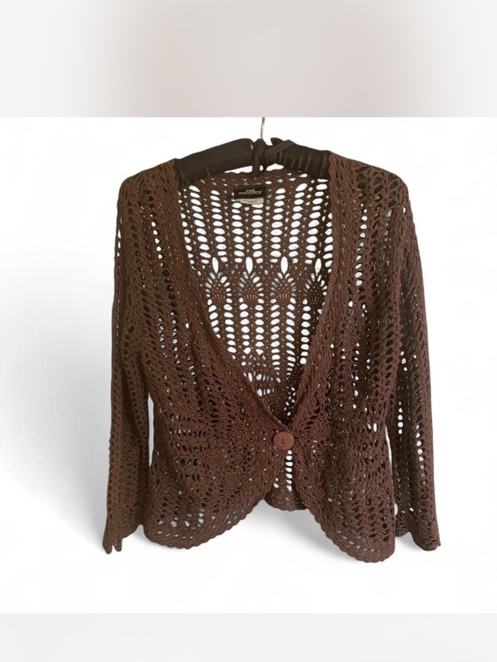 Boho Hippie Festival Crochet layering Button-Front Brown Women's Cardigan size L